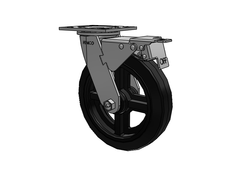 E-line Swivel 8"x2" Rubber-on-Iron Wheel 4"x4.5" Plate Caster With Total Lock; Part# ET8X2MOR - Pemco