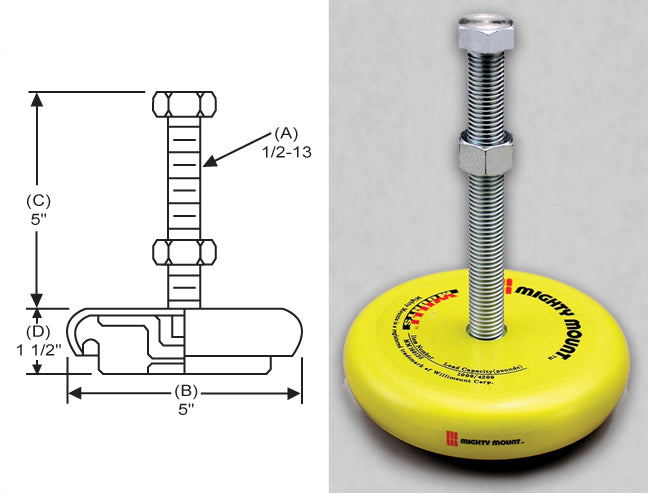 Anti-Vibration 5" Base Leveling Mount with 1/2"-13x5" Threaded Stud -MM120135 - S&W Leveling Mounts