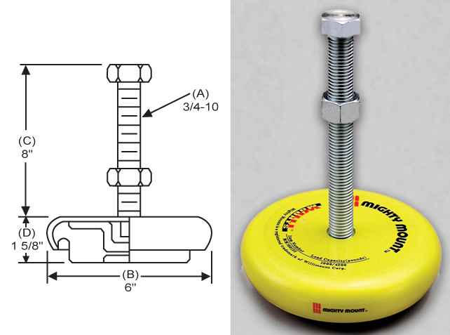 Anti-Vibration 6" Base Leveling Mount with 3/4"-10x8" Threaded Stud - MM160108 - S&W Leveling Mounts